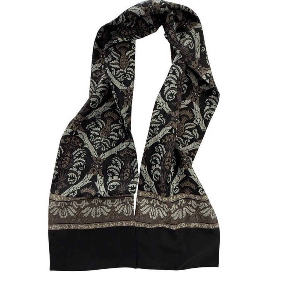 Damask Print Scarf Skinny Long Neck Brown Black Tan Patterned About 59x8 In